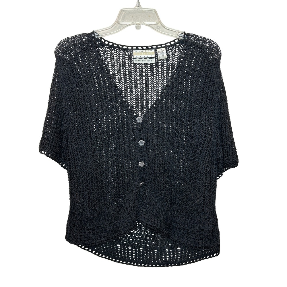Sigrid Olsen Sport Cardigan Women Medium Black Hand Knit Linen Flower Button y2k